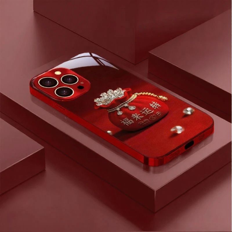 Fulei Lucky Glass Case For IPhone 13 14 Plus 15 Pro Max New Year Style Large Red Color Phone Cover_voghion.com