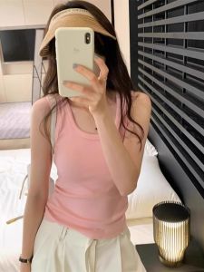 CHOEFULYN | Pink Wide Shoulder Strap Ribbed U-Neck Halter Top Slimming Sleeveless Summer Wear