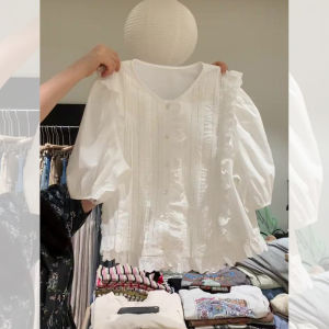 PAIBOLI | Plus Size Womens French Lace Bubble Sleeve Design Sensation Summer Shirt Gored Hem Doll Shirt High-End Feeling Top