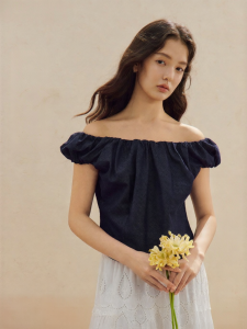 INMAN | Off-shoulder Summer Womens Blouse Tencel Cotton French Washed Denim Short Sleeve