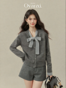 OUYANGXI | Áo Cardigan Knit Hình Cột Cổ Bướm Carô Xám Giả Hai Mảnh