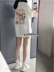 Loose Cotton Short Sleeve T-Shirt Womens Summer New Style Cartoon Waxed New Pure Cotton round Neck Print Top Korean Style