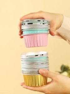 10PCS Reusable Aluminum Foil Tin Cup Pudding Cake Mold Air Fryer Tinfoil Box Small Baking Tray Tinfoil Cups Baking Pastry Tools铝锡纸布丁杯