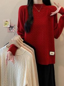เสื้อสเวตเตอร์ถักสีแดง แขนยาว ทรงหลวม สำหรับผู้หญิง ฤดูใบไม้ร่วง 2025 เสื้อชั้นในสีพื้น เสื้อชั้นในส่วนบน เสื้อสเวตเตอร์ถัก