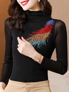 Black High Collar Base Shirt Women Spring Autumn Long Sleeve T-Shirt Fashion Colorful Rhinestone Mesh Top Stylish Little Shirt