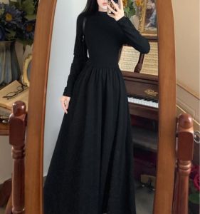 ชุดเดรสยาวคอสูงบุขนแกะสไตล์ฝรั่งเศสย้อนยุค ชุดเดรสฤดูใบไม้ร่วงและฤดูหนาว ขนาดใหญ่ เอวสูง ชุดเดรสยาวคลุมท้อง เอฟเฟกต์กระชับสัดส่วน