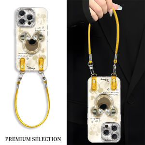 Gold Mickey Mirror Stand Compatible with Apple 16Promax iPhone13 Anti-Fall Apple14Pro Full Cover Lens Apple12 Fashion AppleXs7Plus Feather Rope Phone Case