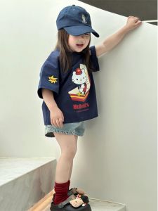 เสื้อยืดลายแมว KT สำหรับเด็กผู้หญิง แขนสั้น สีน้ำเงิน ผ้าฝ้ายแท้ คอกลม แฟชั่นฤดูร้อน สำหรับเด็ก 2-10 ปี เสื้อผ้าเด็ก