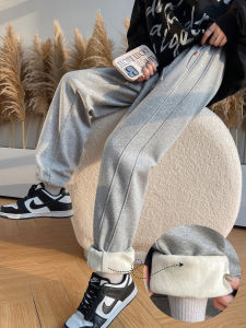 Light Grey Lamb Velvet Fleece Lined Casual Pants Womens High Waist Slimming Sports Trousers Autumn Winter Comfortable Sweatpants