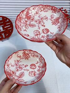 พร้อมส่ง ชุดถ้วยชามเซรามิก แผ่นเซรามิก ชุดของขวัญ รับไหว้ ปีใหม่ เทศกาลต่างๆ ดีไซน์ดอกกุหลาบสีแดง