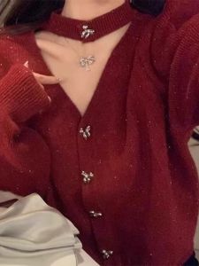 Red Thickened Knitted V-Neck Wrap Neck Silk Open Cardigan Womens Winter Christmas Sweater Outerwear Stylish Top