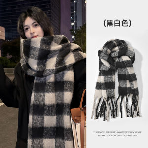 Korean Style Womens Winter Scarf Plaid Design Black White Houndstooth Pattern Warmth Lengthened Tassel Edge All Seasons