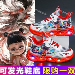 Luminous Running Shoes for Boys ABC Karun New Model 2025 Nezha with Light Leather Surface Childrens Shoes Low Top EVA Midsole