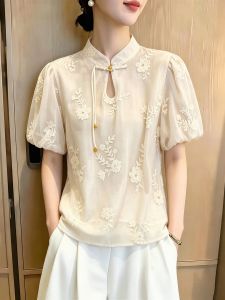SHUAIYUE | Áo Blouse Tay Bồng Trang Trí Thêu Phong Cách Trung Quốc Hiện Đại Cổ Đứng Có Khóa