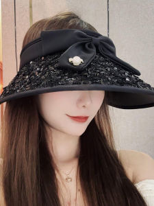 Elegant Sequin Wide Brim Empty Top Hat Butterfly Knot Outdoor Sun Protection UV Protection Hat for Women Summer Fashion Accessories