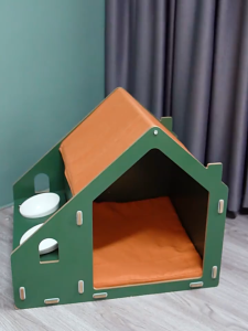 Wooden Cat House Feral Cat Shelter Outdoor Kitten Condo with with 2 Cat Bowl Semi-enclosed cat bed
