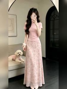 PEIZIXUAN | French Pink Floral Midi Dress Set Summer