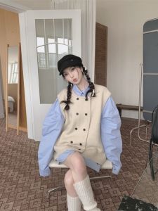 Retro Design Loose Knitted Sweater Vest Shirt Two-Piece Set Womens Fashion Autumn 2025 New Style Layering Clothing Set