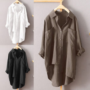 【Shipping In 24 Hours】Cotton Oversized Women Casual Plain Cotton Shirt Long Sleeve Loose Double Pockets Blouse Top