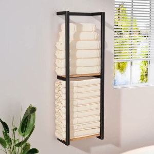 2 Layer Towel Rack Wall Mounted Towel Rack With Wooden Tabletop Bathroom Towel Storage Rack Rolled Towel Bath Organizer Clothing Organizer Rack for Bathroom Kitchen Bedroom Easy to Install