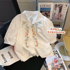 Korean Style Embroidered Cotton Shirt for Girls Summer New Arrival Floral Pattern Bubble Sleeve Loose Short Sleeve Pure Cotton