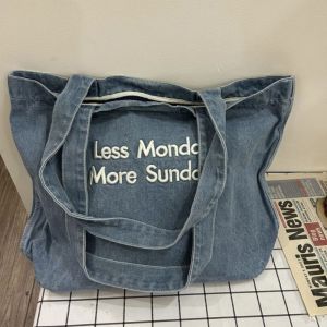 Original Embroidered Korean Style Ins Washed Denim Fashion All-Match Commuter Early Eight Shoulder Portable Denim Tote Womens Bag