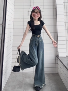 กางเกงยีนส์ทรงหลวมเอวสูงสไตล์ย้อนยุคสไตล์อเมริกันสำหรับผู้หญิง กางเกงขายาวทรงตรงทรงหลวมทรงสลิมฟิต