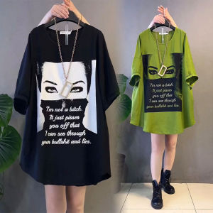 Medium Long Cotton Polyester Fiber T-Shirt Dress for Plus Size Women Summer 2023 New Style Casual Hiding Body Curves