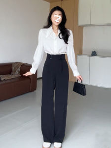 Fashionable High Waist Long Sleeve Shirt And Pants Set for Women Button Belted Collared White Shirt Straight Leg Trousers