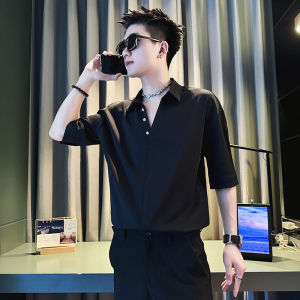 Mens Ice Silk Short Sleeve Shirt V-Neck Casual mid Sleeve T-Shirt Summer Trendy Brand Fashionable Breathable Lightweight Top