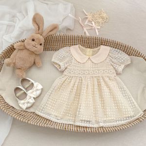 Mùa Hè 2025 Phong Cách Mới Cotton Bé Gái Váy Bé Gái Cổ Búp Bê Thêu Váy Công Chúa Tiệc Trăm Ngày Tuổi Cho Bé Gái