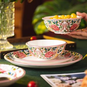 OMK Rose Garden Series Ceramic Tableware Set Luxury Dinner Plate Deep Soup Plate Salad Bowl