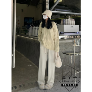 กางเกงขายาวทรงหลวมเอวสูงสไตล์เกาหลีสำหรับผู้หญิง ฤดูใบไม้ผลิและฤดูใบไม้ร่วง ผ้าถักสีขาว กางเกงขายาวทรงหลวมสำหรับผู้หญิง