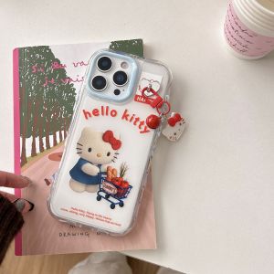 Sanrio | Flocking Shopping Hello Kitty Clear Case For iPhone 14 15 16 Cherry Hello Kitty Pendant Blue Lens Frame Cover