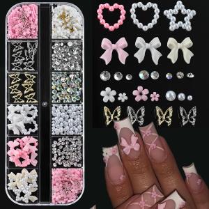 12Grids 3D Mix Bowknot Butterfly Pear Heart Nail Charms Flat Back Flower Rhinestone Nail Art Decoration DIY Crafts Manicure Part