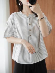 New Mom Pure Cotton Linen Short Sleeve T-Shirt Women Striped Loose Slim round Neck Summer Casual Shirt Female Fashion