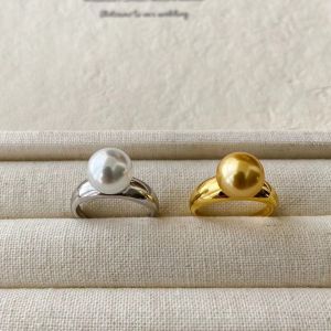 Simplified Design 925 Silver Ring with Artificial Cold Light Pearl And South Sea Gold Ring for Women Elegant Fashion Jewelry
