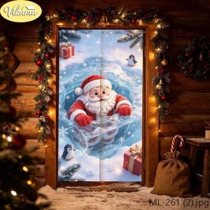 Rèm Cửa Giáng Sinh VIKAMA Ông Già Noel Bước Ra Khỏi Thiết Kế Nhà Gỗ Với Cây Kẹo Que Trang Trí Vải Lanh Ngày Lễ Tuyết Mùa Đông