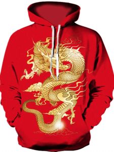 Hooded Sweatshirt Mens Red 3D Dragon Totem Print Overhead Jacket Loose Fit Youth Trend Casual Autumn Chinese Style