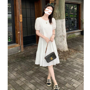 French Lace White Dress Summer plus Size A-Line Short Sleeve Gentle Elegant Slimming Skirt Korean Style Hollow out Loose Waist