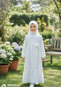 Gamis putih Anak perempuan usia 4-12th MOTIF Bordir bahan katun bonus Kerudung