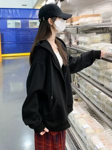 Black Hooded Pure Cotton Jacket Womens Loose Fit Spring Early Autumn Thin Casual Versatile Top Trendy Brand Hat Shirt