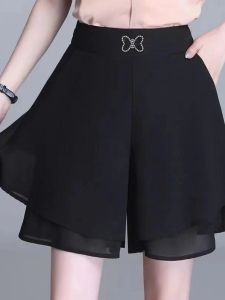 Fashionable Chiffon Shorts Womens Loose High Waist Elastic Waist Wide Leg Pants Skirt High Waist Asymmetric Commute Style Korean Version