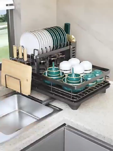 SG 2-Tier Kitchen Dish Drying Rack with Auto Drain Tray Dish Drainer Removable Cutlery Holder Countertop Kitchen Organiser