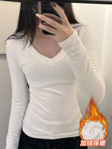 Áo Thun Dài Tay Cổ Chữ V Màu Đen Thời Trang Thu Đông Cho Nữ Áo Lót Dày Ôm Vừa Vặn Áo Lót Dài Tay Màu Trơn