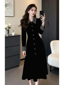 QFN | Elegant Black Velvet Dress with Waist Accentuation and Notch Collar