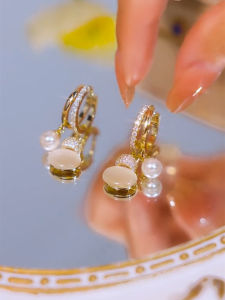Elegant Pearl Cats Eye Gourd Hoops Womens Fashion Micro-Paved Ear Cuff Stylish Pearl Dangle Earrings Jewelry Accessories