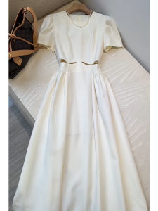 Korean Style White Designer Dress Womens Summer Formal Simple Elegant Long Skirt High Waist A-Line Short Sleeve round Neck