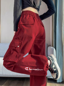 Cute Champion American Red Workwear Sports Pants Womens Casual Straight Leg Wide Leg Trousers Spring New Style High Waist Loose Fit