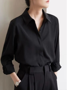 Elegant Black Casual Shirt Womens Long Sleeve Smooth Texture Loose Top Anti-Wrinkle Spring Autumn Polyester Fiber Blend